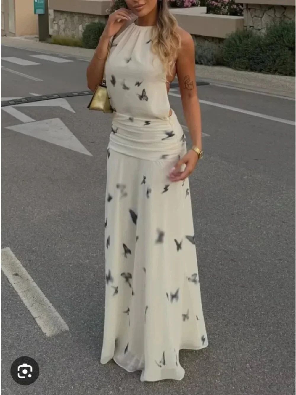 Zara Womens Long Halter Dress Sz M Ecru Butterfly Printed Open Back 3676/339 NWT